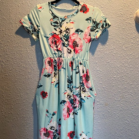 *3/$30* Girl's Size L Empire Waist Short Sleeve Summer Maxi Dress Blue - Picture 2 of 7